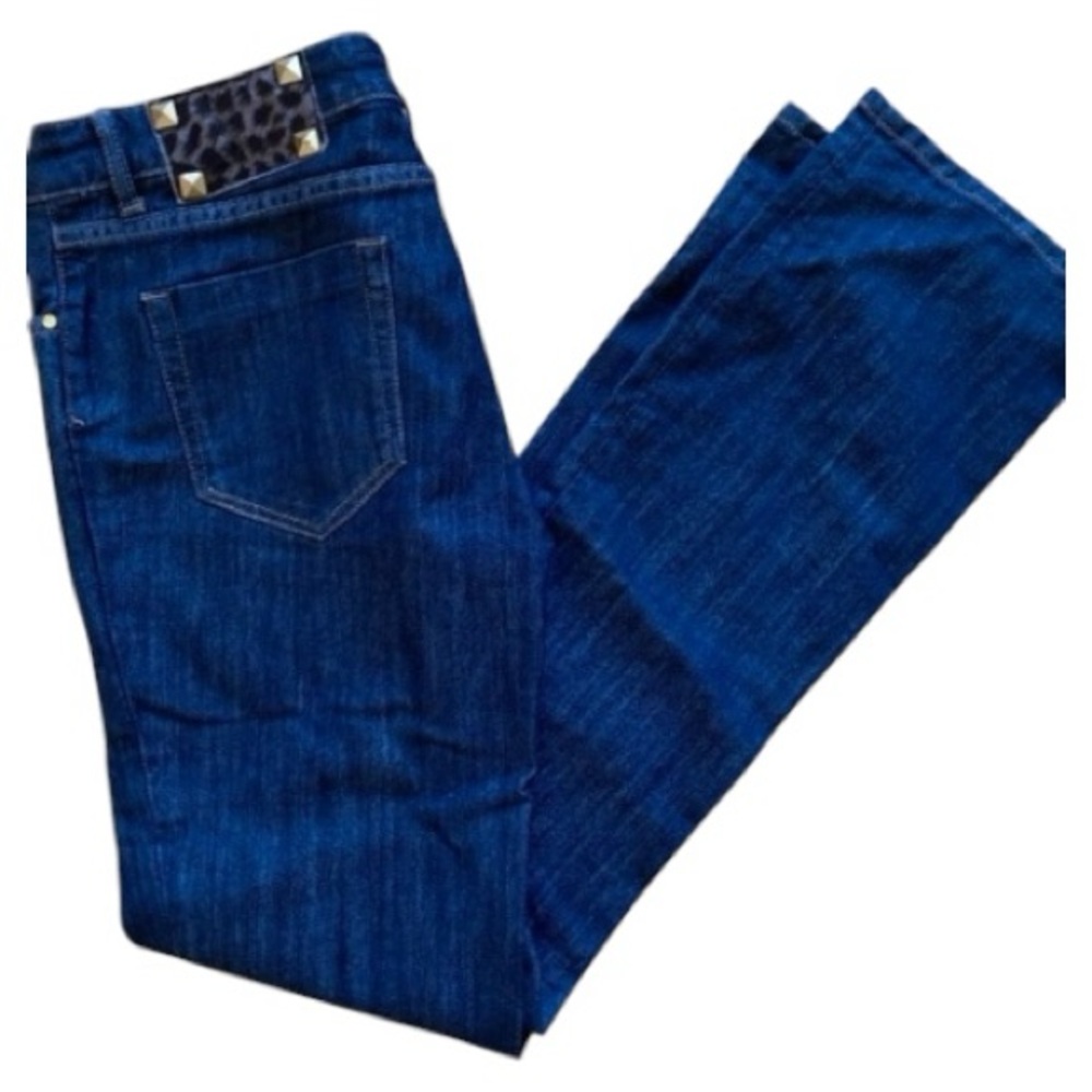 Zara Dark Blue Straight Leg Jeans with Leopard Detail